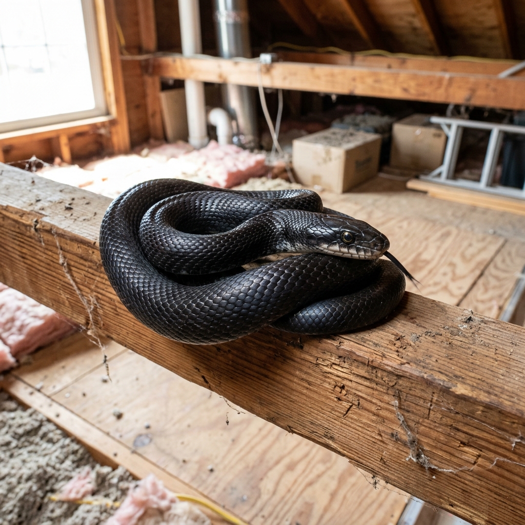 Black rat snake coiled on an attic beam