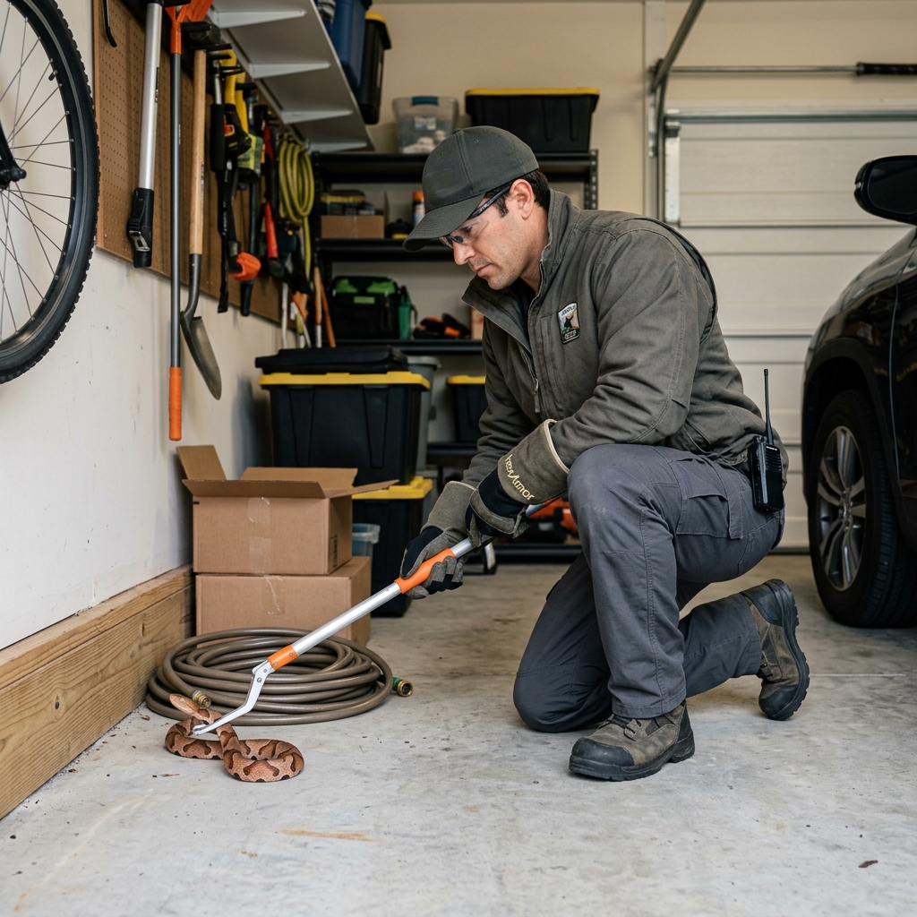 Worker using snake tongs to move a copperhead away from a coiled garden hose in a garage