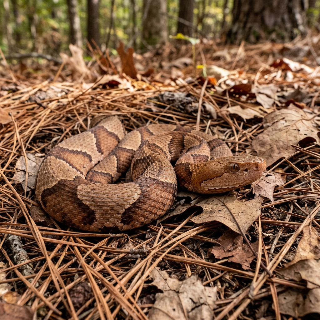 Copperhead coiled in dry pine straw and leaves, showing the hourglass-shaped bands on its back