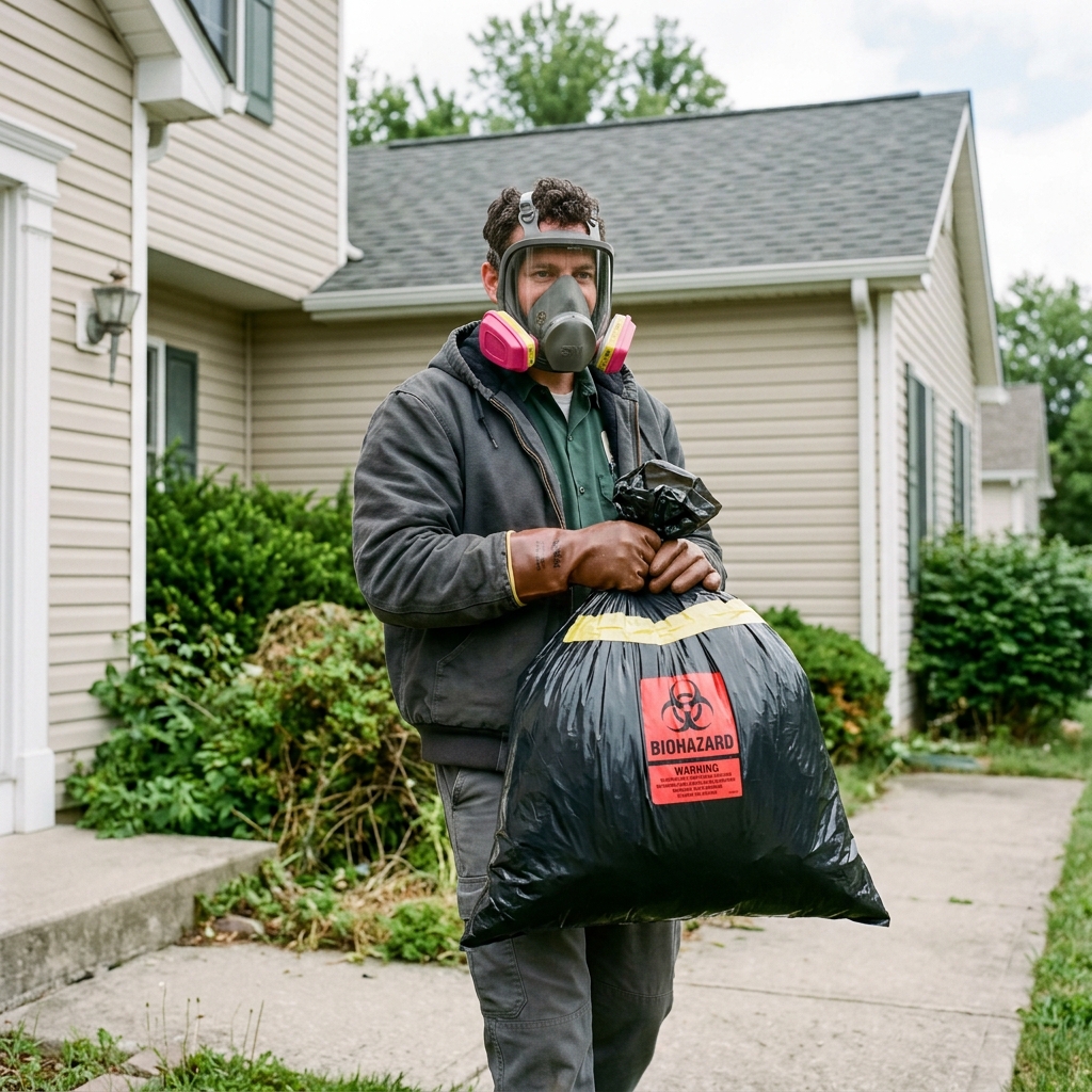 Worker in a respirator and heavy gloves carrying a sealed black biohazard bag outside a house