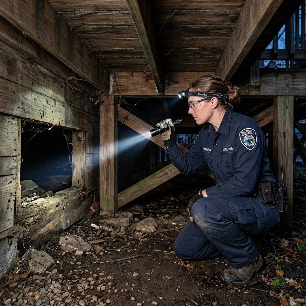 Inspector with a headlamp shining a flashlight into the dark crawl space under a wooden deck