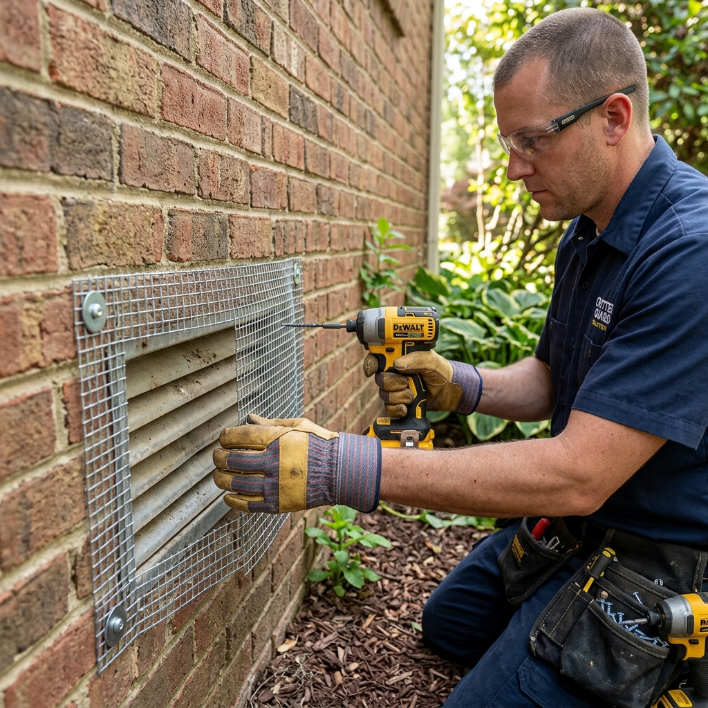 Worker fastening steel wire mesh over a brick crawl space vent with a cordless drill